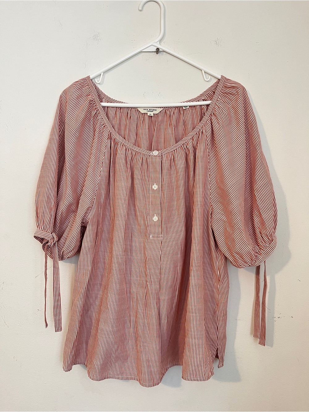 Max Studio Striped Pink Peasant Blouse Xl with Tie Sleeves top light casual